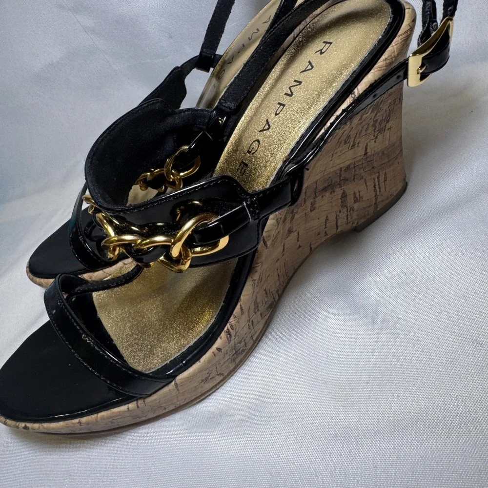 Rampage Briton Women's Black Patent Gold Chain‎ Cork Wedge Sandals Size 8.5 M